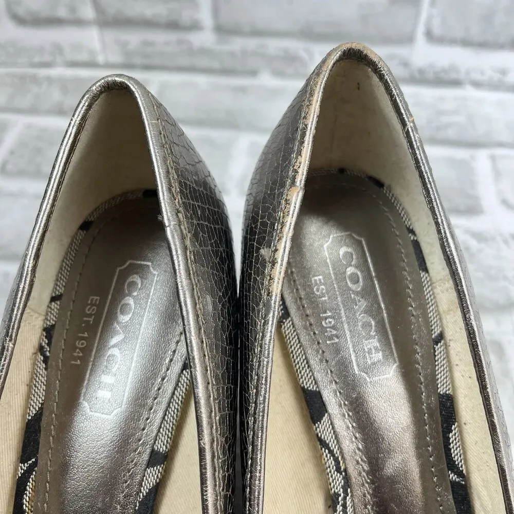 Coach Crackle Silver Women's Size 9.5/10 Metal Leather Wedge Espadrille Bow Shoe